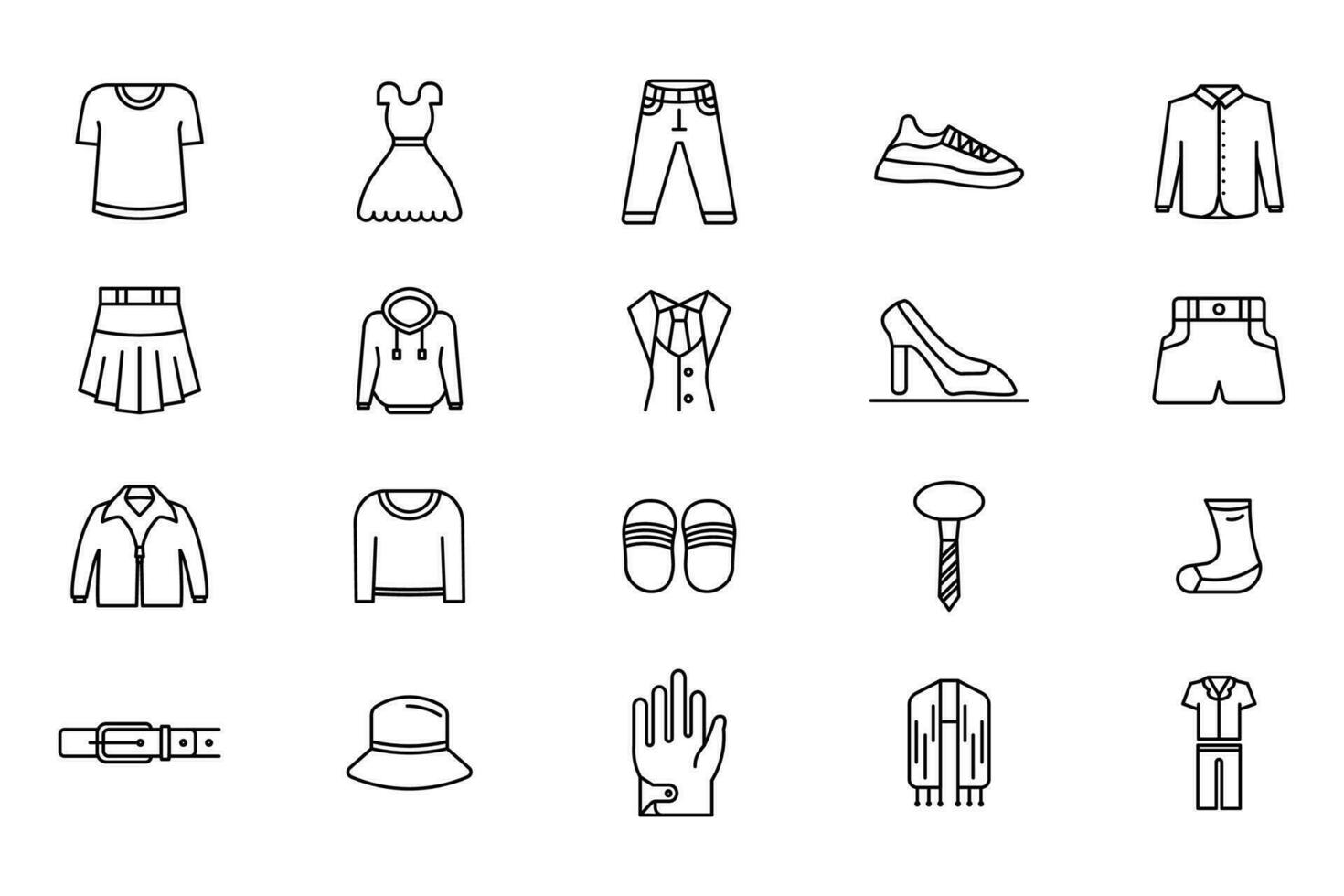Abiti impostato icona. contiene icone maglietta, vestire, jeans, scarpe da ginnastica, camicia, eccetera. linea icona stile. semplice vettore design modificabile