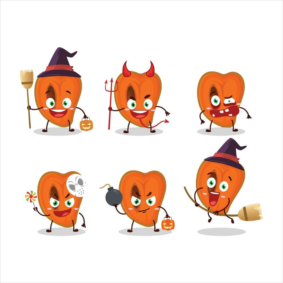 Halloween espressione emoticon con cartone animato personaggio di fetta di zapote vettore