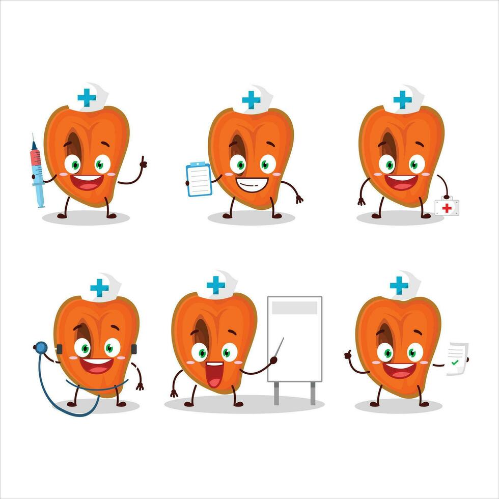 medico professione emoticon con fetta di zapote cartone animato personaggio vettore
