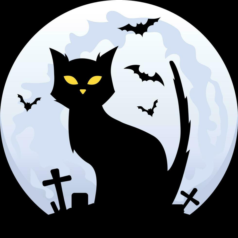 Halloween gatto con pipistrelli volante e Luna nel buio notte vettore