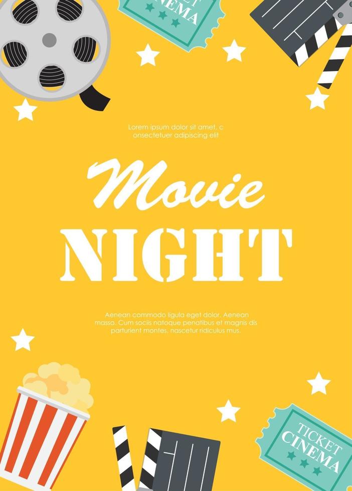 astratto film notturno cinema sfondo piatto con bobina, biglietto vecchio stile, grandi icone simbolo pop corn e batacchio. illustrazione vettoriale