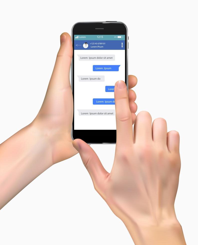 mano realistica che tiene uno smartphone. concetto di rete sociale vettore