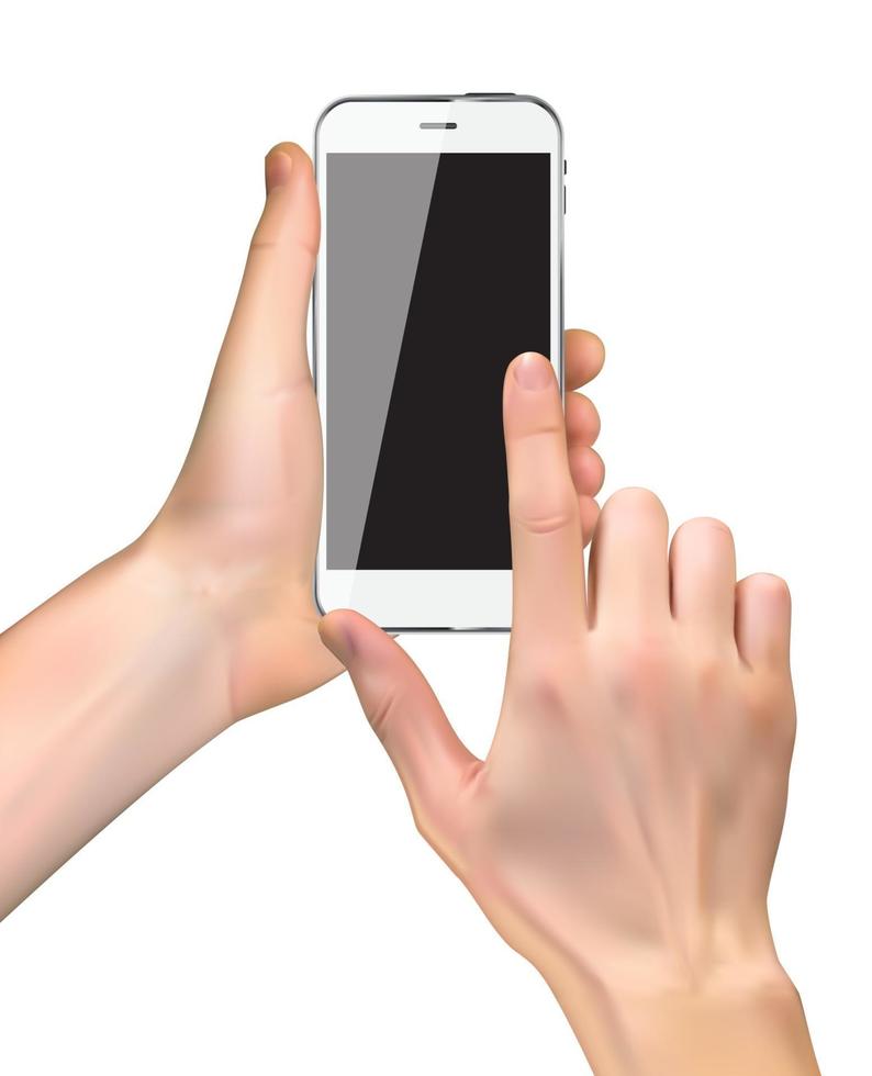 mano realistica che tiene un telefono cellulare isolato su sfondo bianco. illustrazione vettoriale