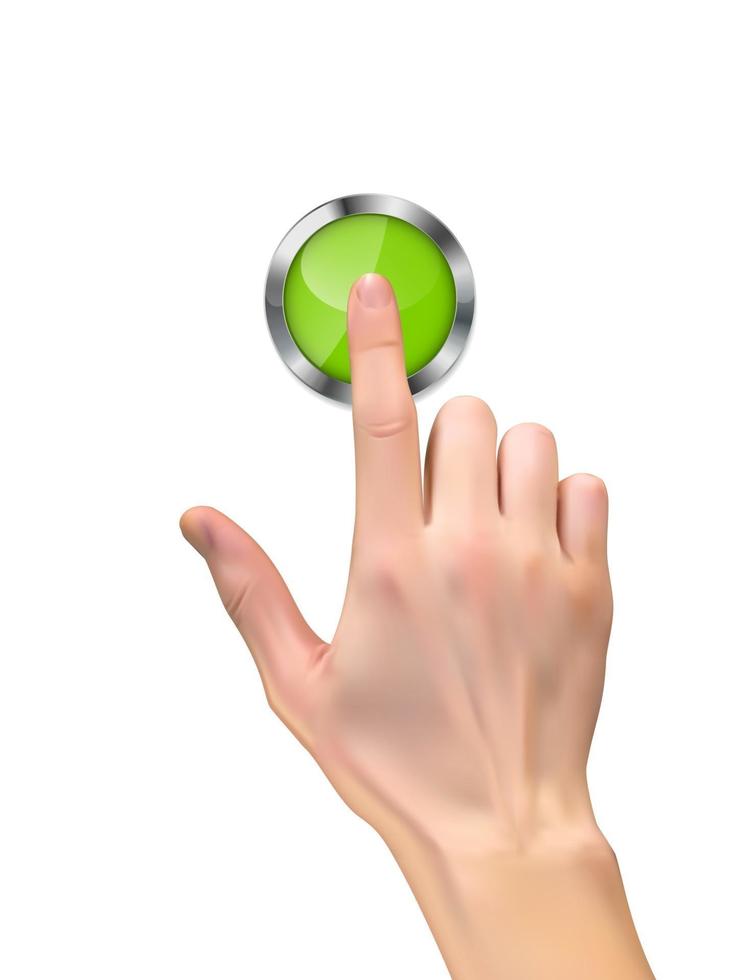Siluetta 3d realistica della mano che preme un pulsante di avvio verde su sfondo bianco. illustrazione vettoriale