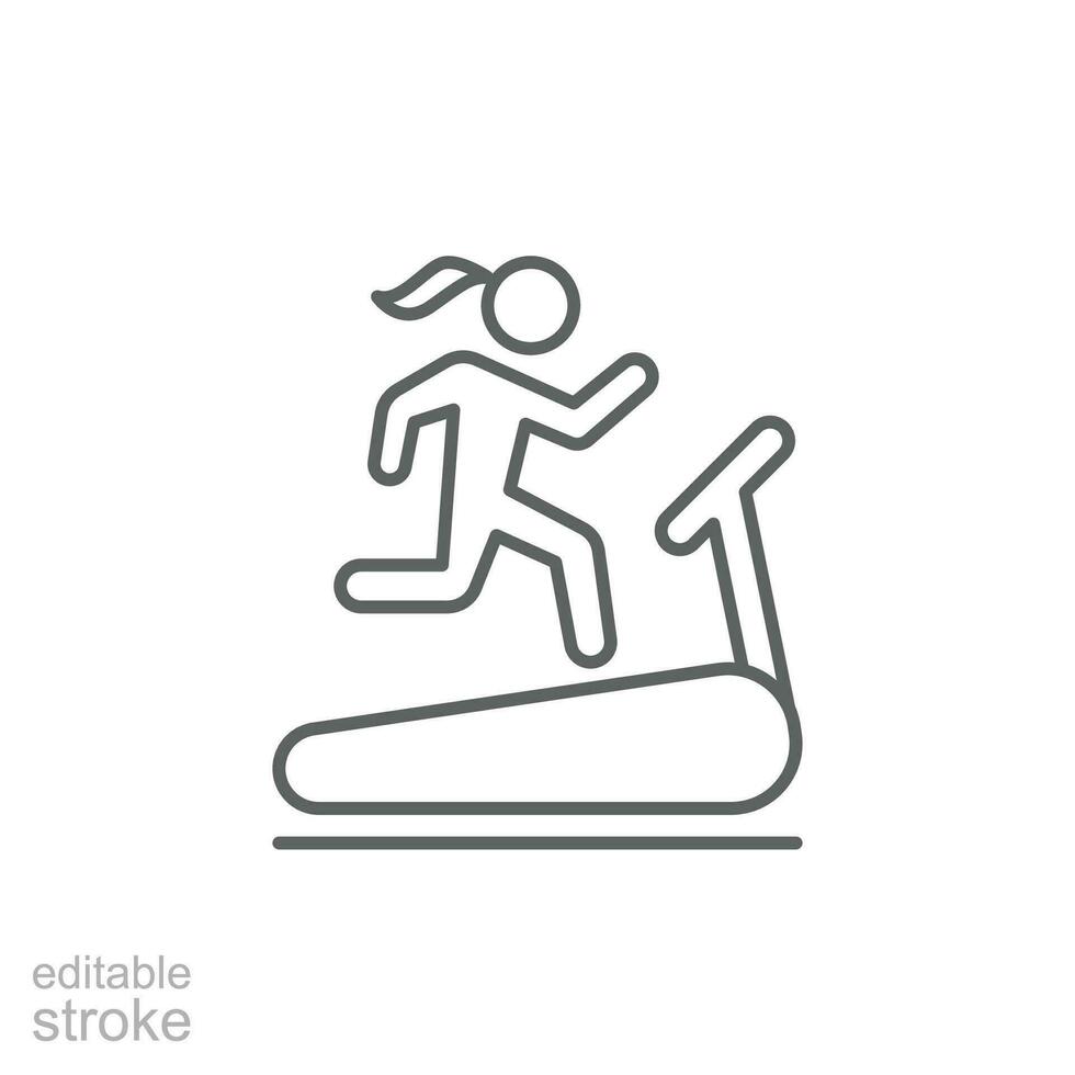 donna in esecuzione su routine icona. semplice schema stile. correre, femmina, Palestra attrezzatura, fitness, esercizio macchina, sport concetto. magro linea simbolo. vettore isolato su bianca sfondo. modificabile ictus svg.