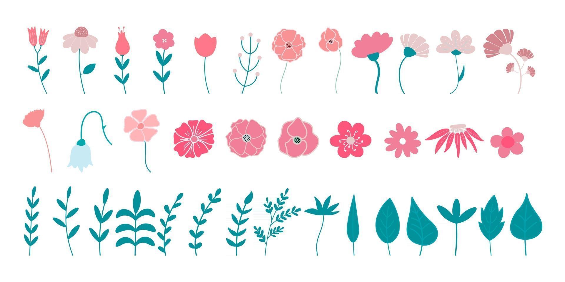 set di icone vettoriali piatte di fiori e foglie