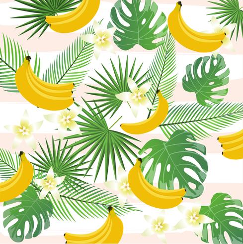 Sfondo tropicale con banane, foglie di palma e monstera vettore