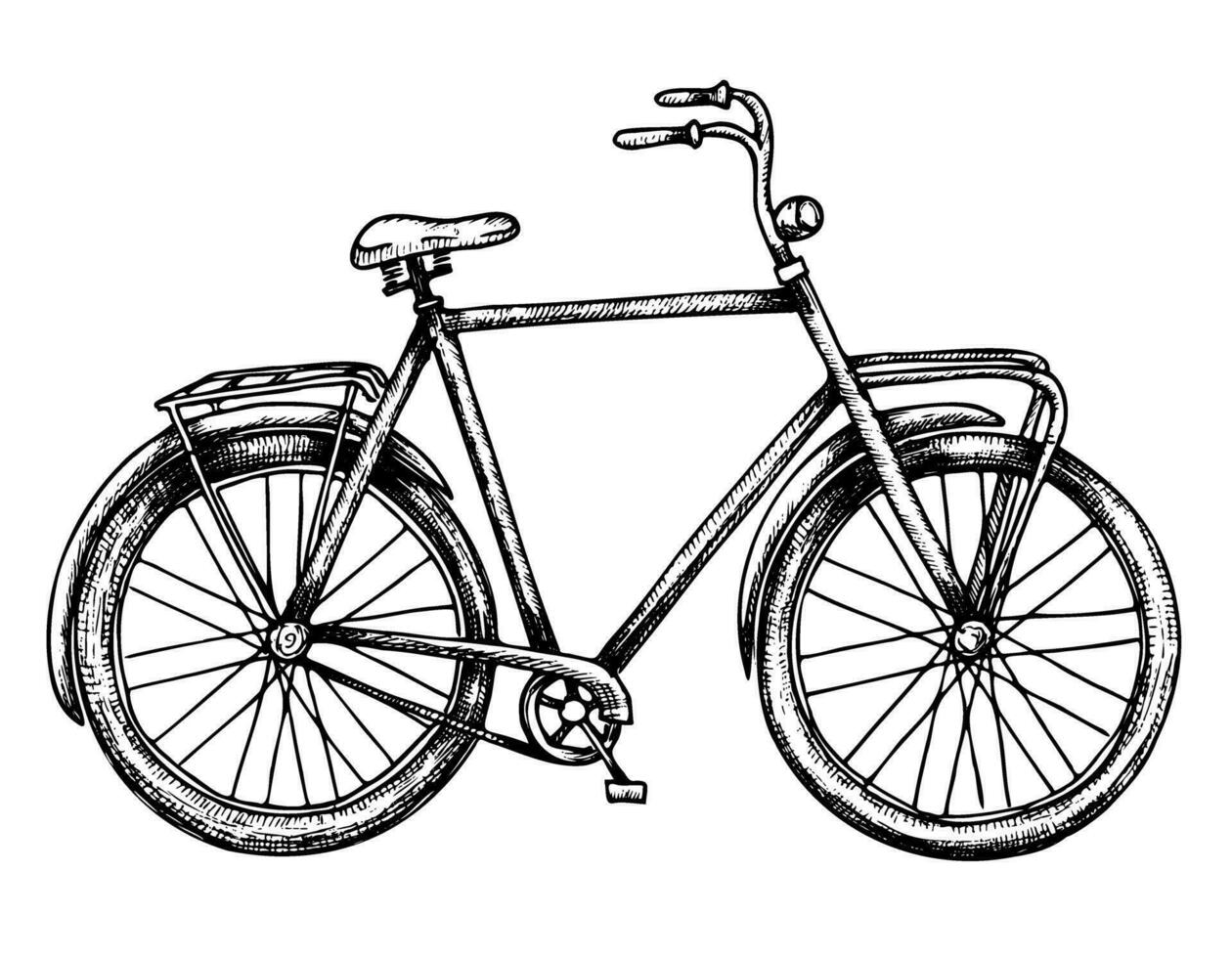 strada bicicletta. vettore mano disegnato illustrazione di urbano retrò classico bicicletta su isolato bianca sfondo dipinto di nero inchiostri nel schema stile. disegno di città Vintage ▾ carino trasporto con ciclo ruote.