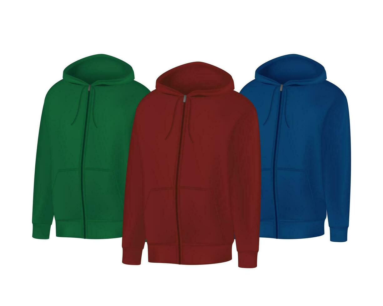 vuoto verde, rosso, blu Uomini felpa con cappuccio felpa lungo manica. maschio felpa con cappuccio con cappuccio davanti Visualizza. vettore modello sport inverno Abiti per design modello, Stampa, isolato su bianca sfondo