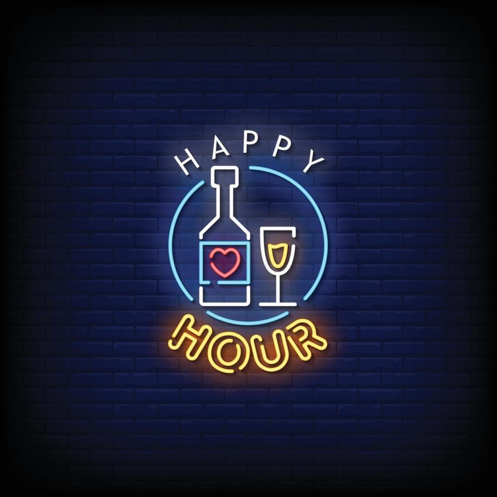 vettore del testo di stile delle insegne al neon di happy hour