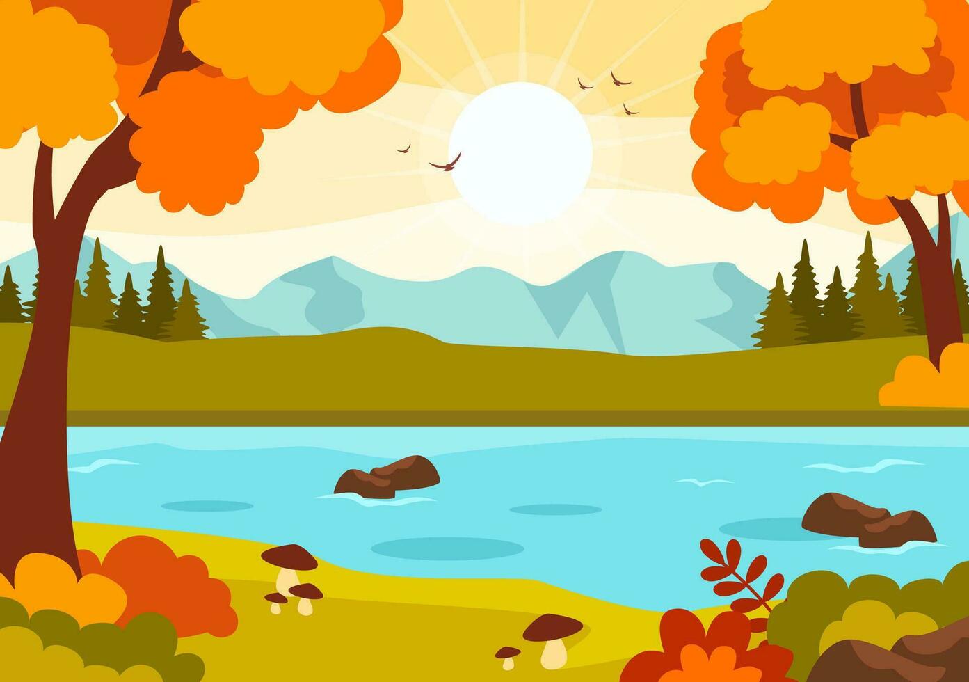 autunno paesaggio sfondo vettore illustrazione con montagne, campi, alberi e autunno le foglie nel piatto cartone animato naturale stagione panorama modelli