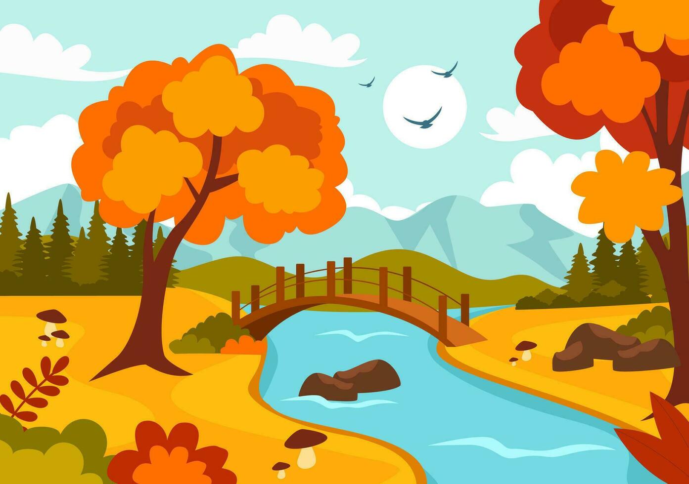 autunno paesaggio sfondo vettore illustrazione con montagne, campi, alberi e autunno le foglie nel piatto cartone animato naturale stagione panorama modelli