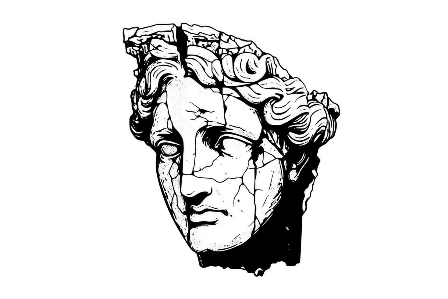 Cracked statua testa di greco scultura schizzo incisione stile vettore illustrazione.