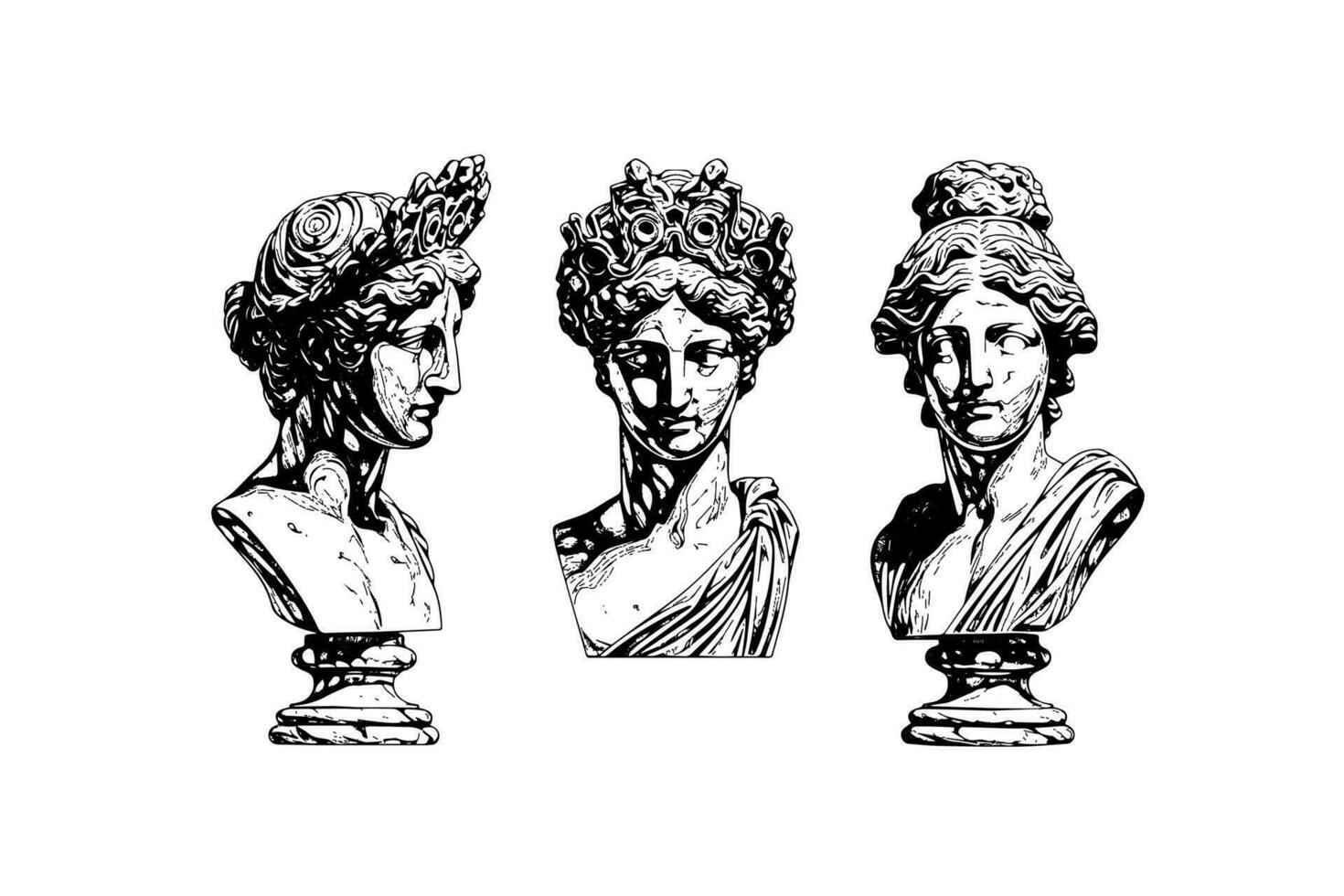 impostato di antico statua testa di greco scultura schizzo incisione stile vettore illustrazione pacchetto.