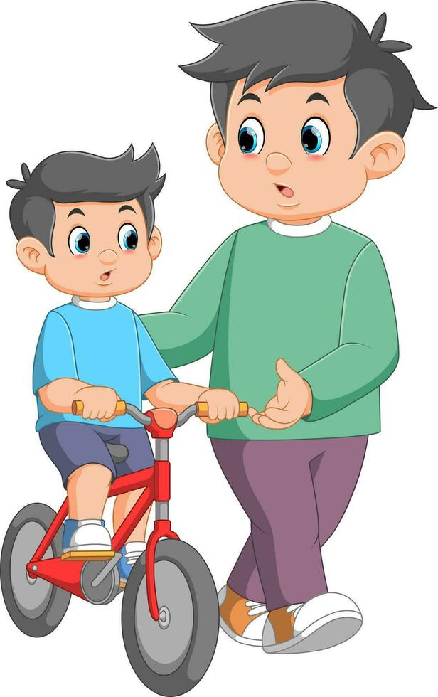 ragazzo apprendimento per cavalcata un' bicicletta con il suo padre vettore
