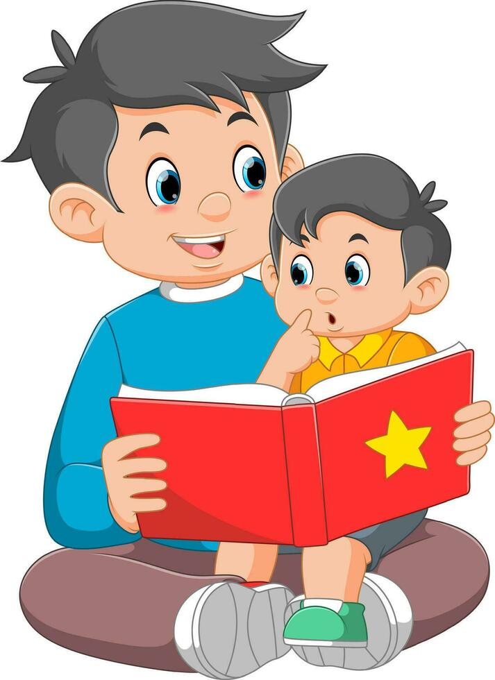 padre e il suo adorabile figlio avendo divertimento lettura storia libro vettore