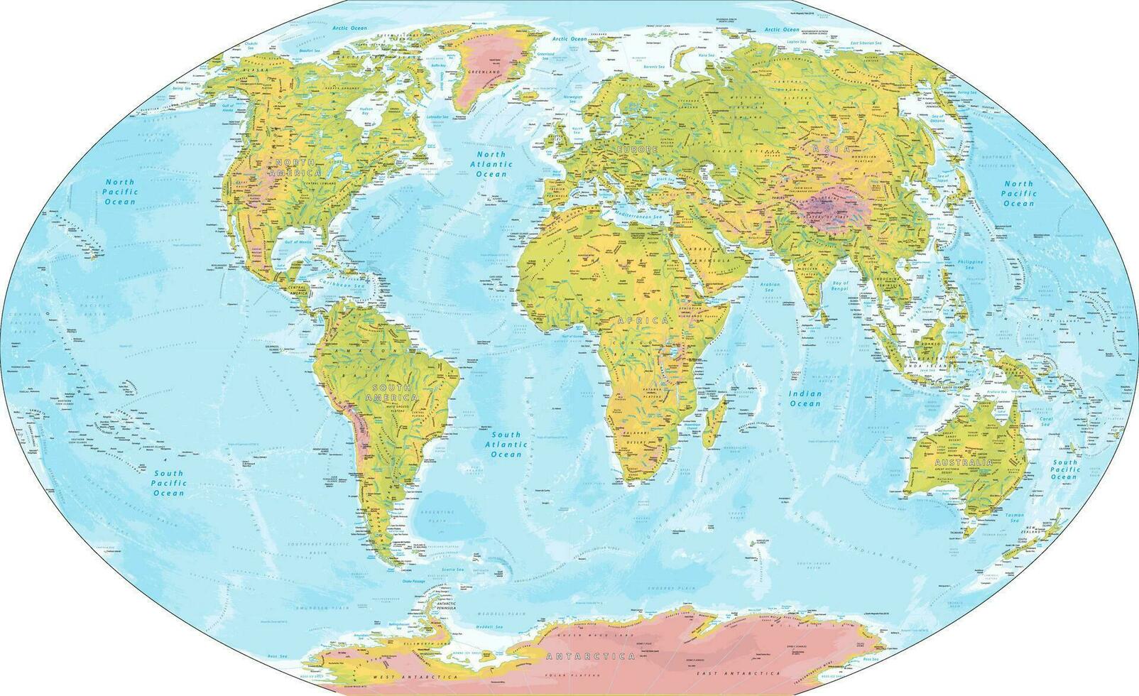 dettagliato fisico mondo carta geografica winkel-tripel proiezione vettore