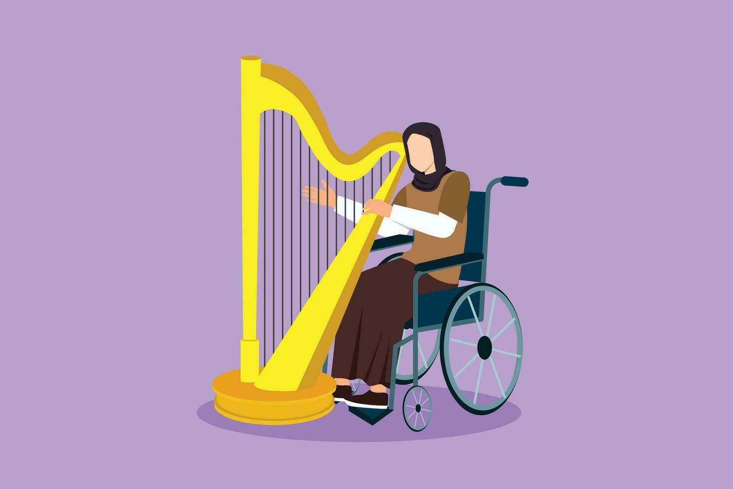 cartone animato piatto stile disegno bella arabo donna seduta nel sedia a rotelle giochi arpa nel concerto. invalidità e classico musica. fisicamente Disabilitato. reinserimento centro. grafico design vettore illustrazione