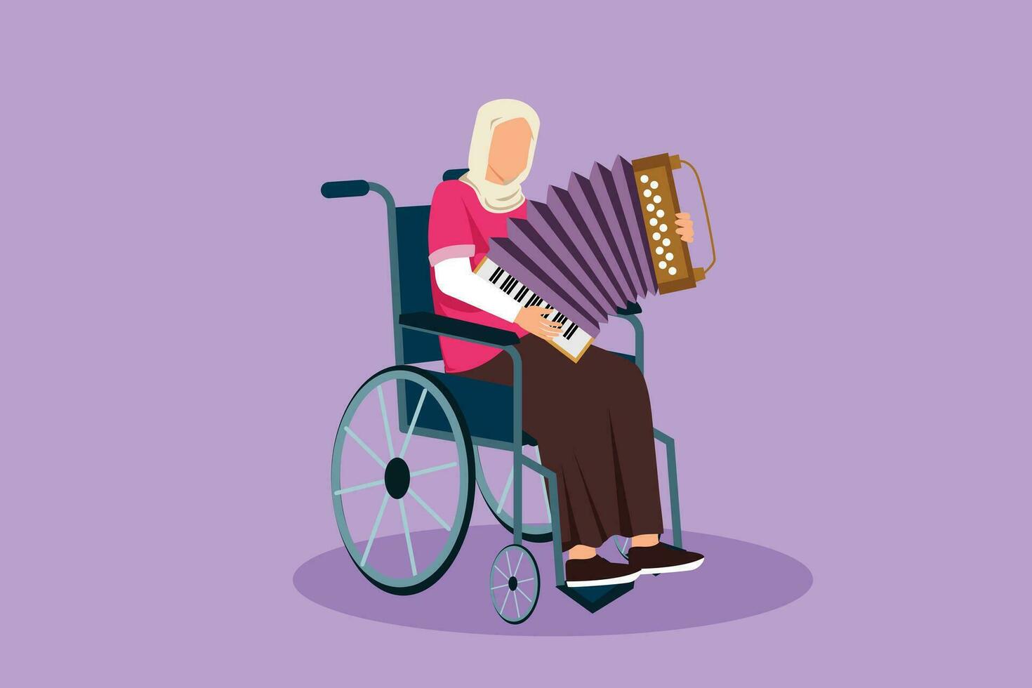 grafico piatto design disegno Disabilitato arabo donna nel sedia a rotelle giocando fisarmonica musica. fisicamente Disabilitato. persona nel ospedale evento. reinserimento centro paziente. cartone animato stile vettore illustrazione