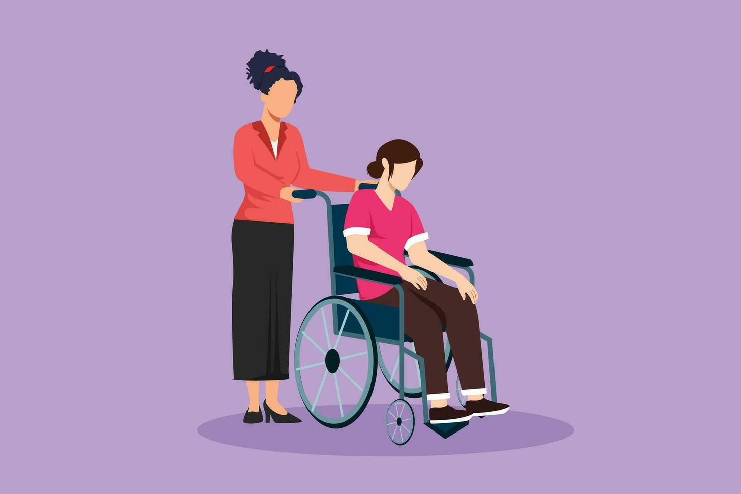 cartone animato piatto stile disegno di paramedico Aiuto Disabilitato donna nel sedia a rotelle nel trasporto. trascorrere tempo insieme con divertimento, pari opportunità. volontario assistenza. grafico design vettore illustrazione