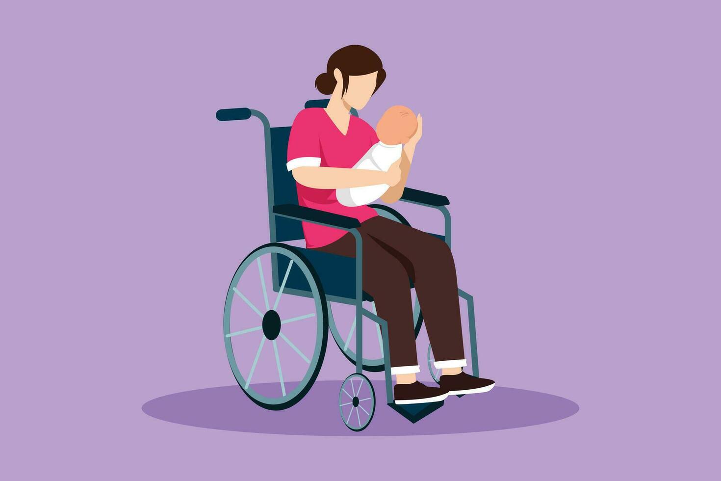 grafico piatto design disegno genitori con neonato bambino. bellissimo donna hold bambino, seduta nel sedia a rotelle. Disabilitato donna Tenere bambino nel sua braccia. famiglia amore concetto. cartone animato stile vettore illustrazione