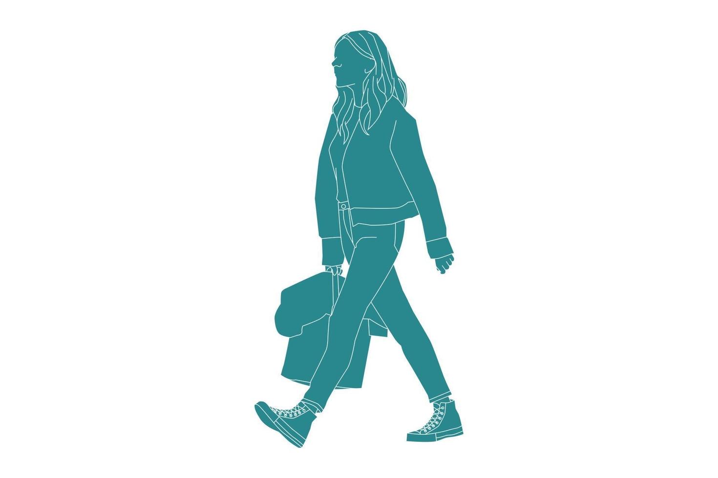 illustrazione vettoriale di donna casual che cammina sulla strada laterale, stile piatto con contorno