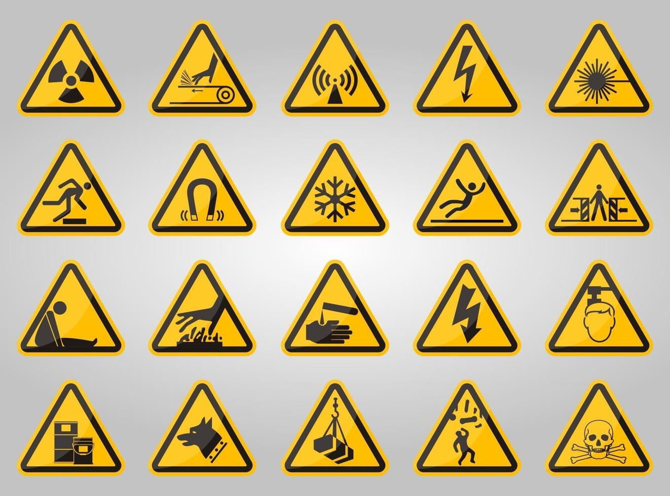 etichette triangolari di simboli di pericolo di avvertimento su sfondo bianco vettore