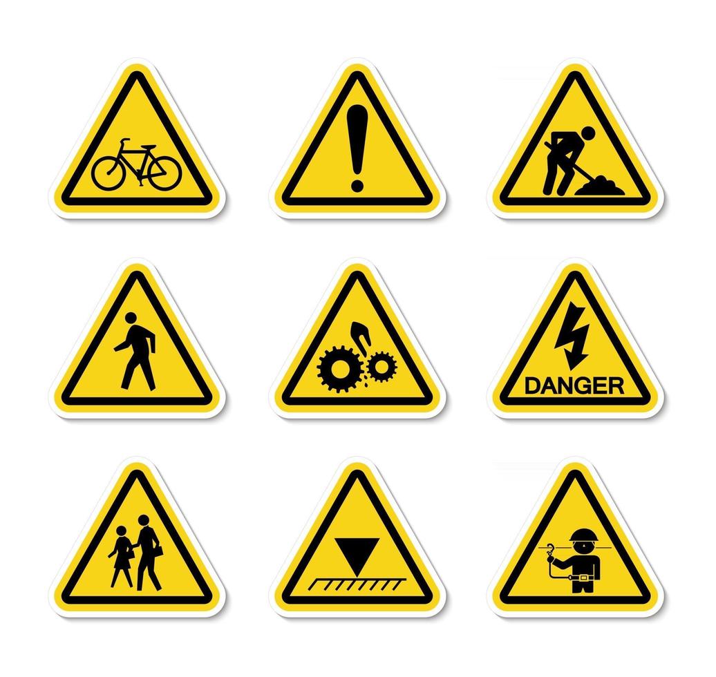 le etichette triangolari di avvertimento di simboli di pericolo firmano l'isolato su fondo bianco, illustrazione di vettore