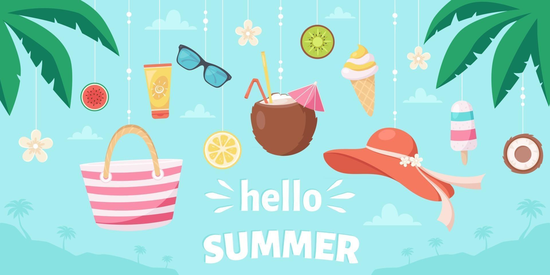 ciao biglietto di auguri estivo. cappello da spiaggia, pina colada, occhiali da sole, crema solare, fiori tropicali, gelato e frutta. vettore