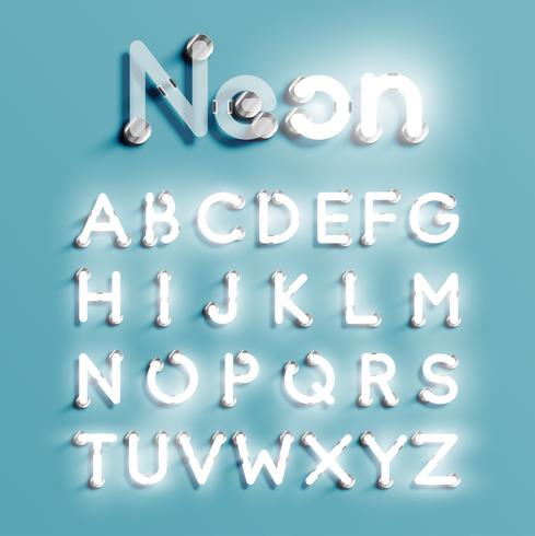 Set di caratteri al neon realistico, illustrazione vettoriale