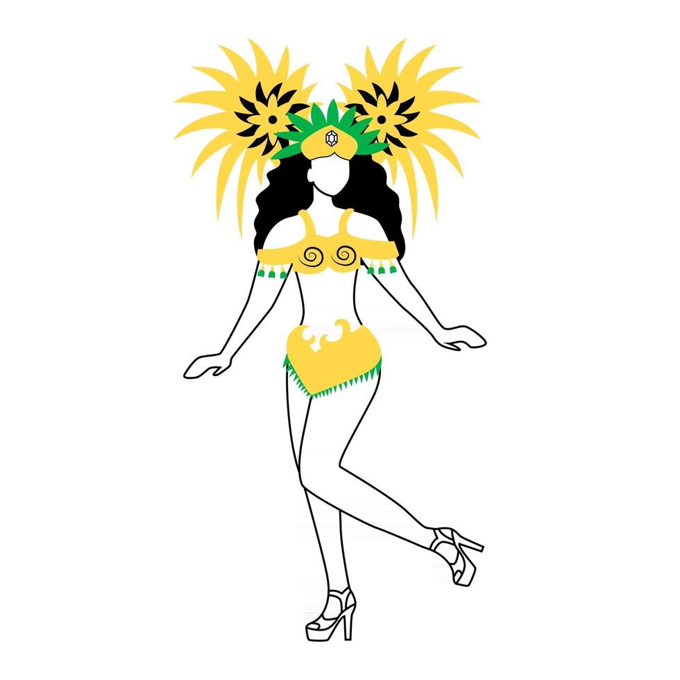 illustrazione vettoriale silhouette piatta ballerina di carnevale brasiliano. signora in abiti tradizionali. mascherata. carattere di contorno isolato 2D su priorità bassa bianca. donna in copricapo festivo disegno in stile semplice