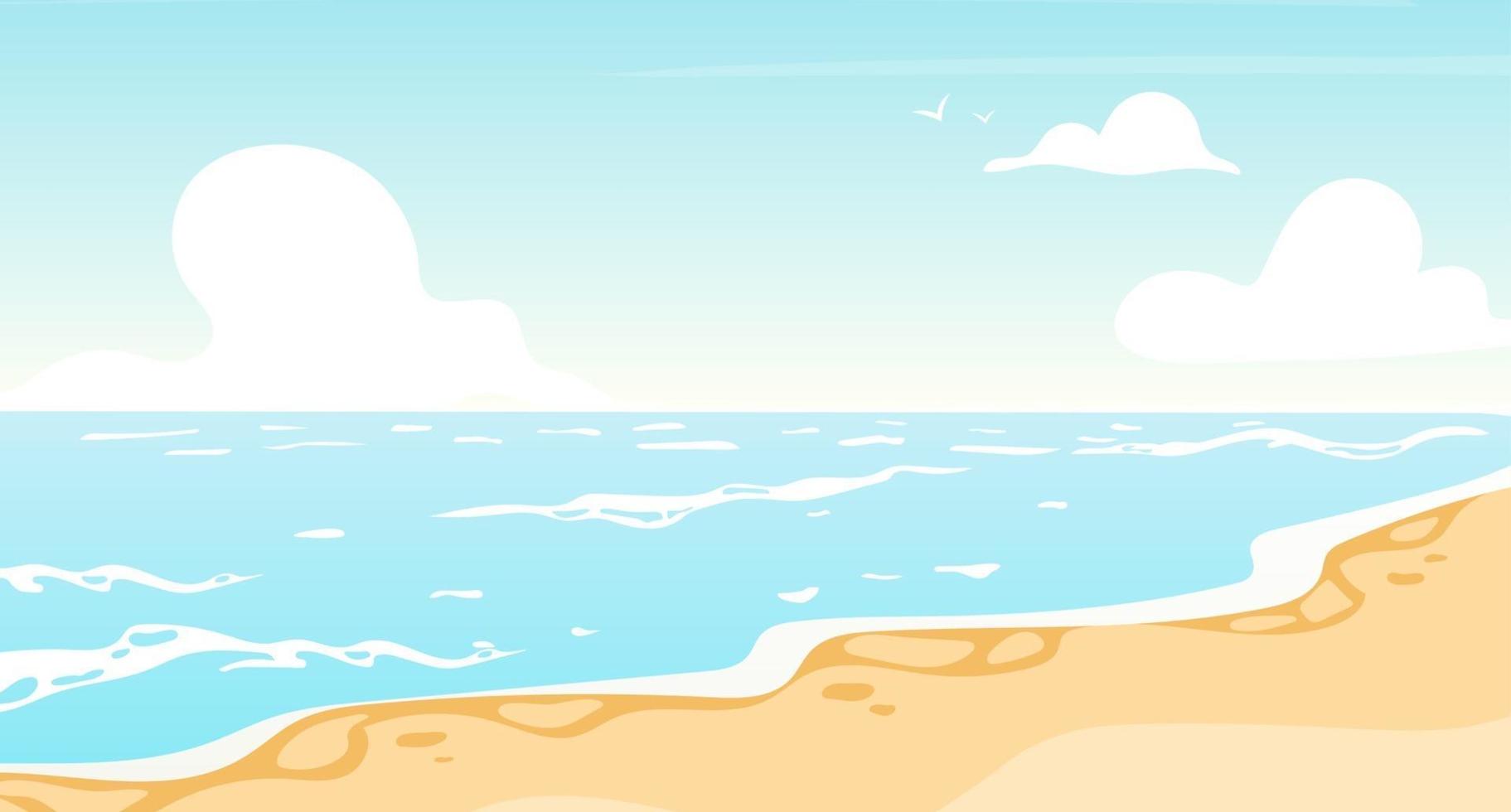 illustrazione vettoriale piatto piatto da spiaggia. oceano estivo, scenografia sullo sfondo del mare. luogo di villeggiatura, costa dell'isola. paradiso soleggiato, laguna turchese. sfondo cartone animato paesaggio marino, carta da parati