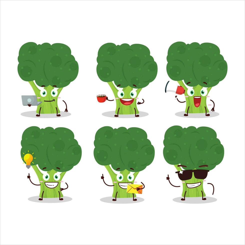 brocoli cartone animato personaggio con vario tipi di attività commerciale emoticon vettore