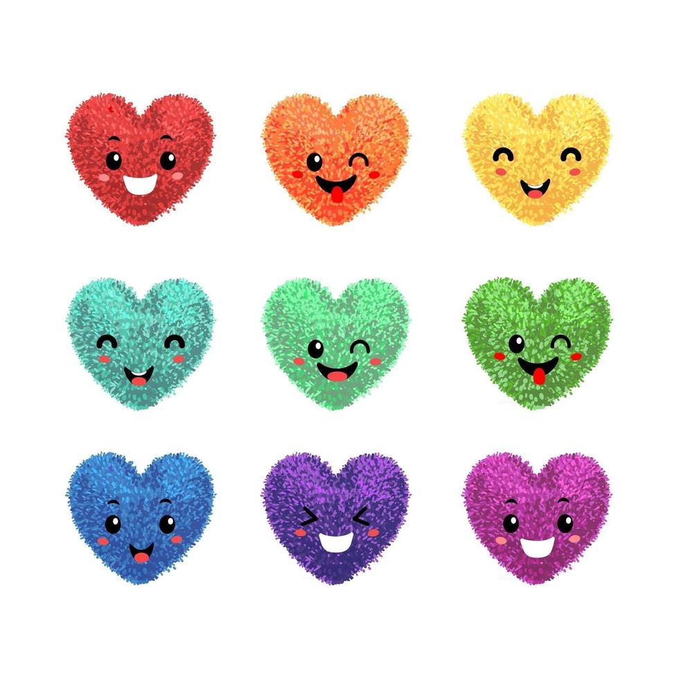 set vettoriale colorato con illustrazione soffici pompon a forma di cuore con facce buffe isolati su sfondo bianco. elementi decorativi per il design di San Valentino.