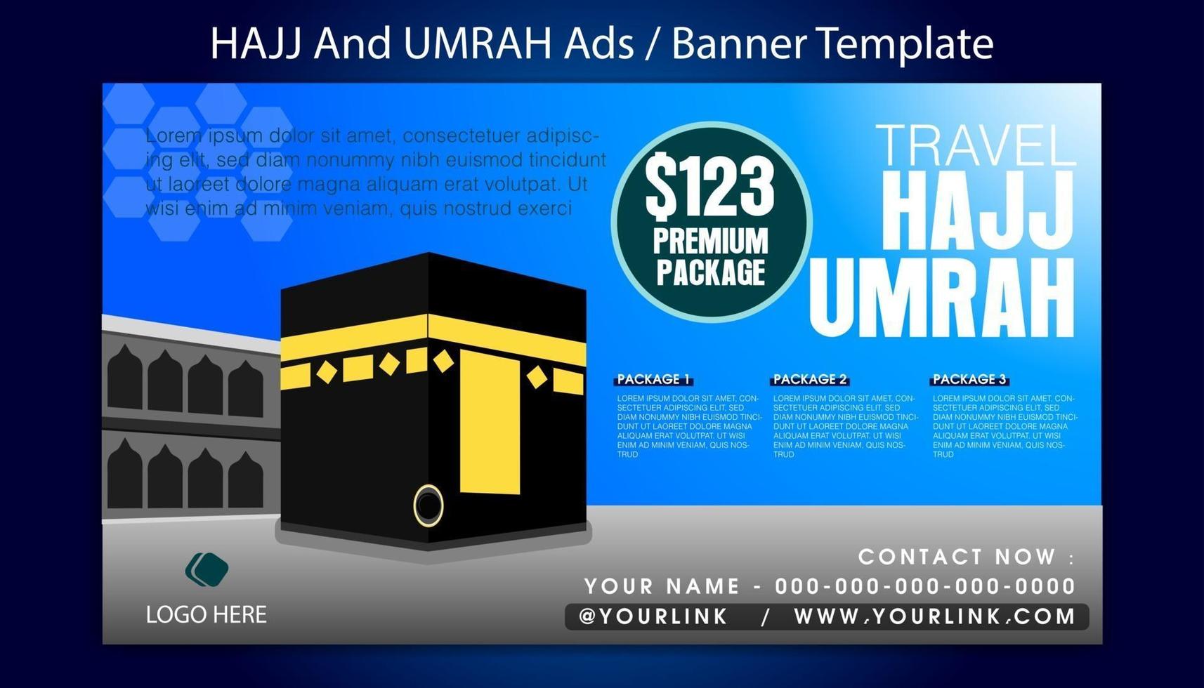 modello di banner hajj e umrah con sfondo azzurro cielo vettore