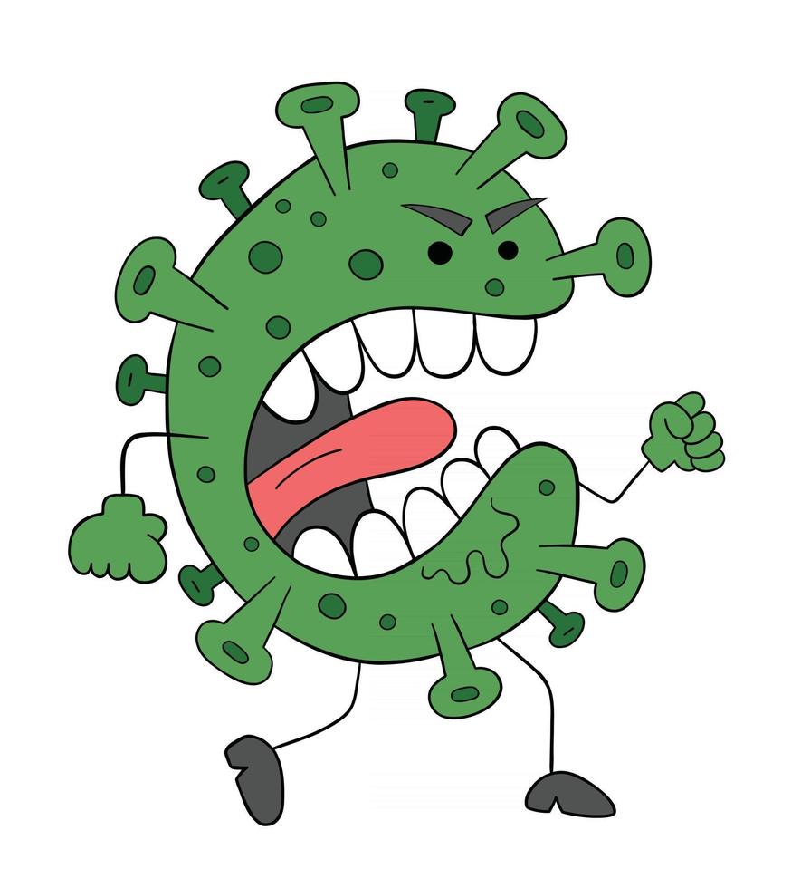 il mostro del coronavirus dei cartoni animati è così arrabbiato e correndo, illustrazione vettoriale