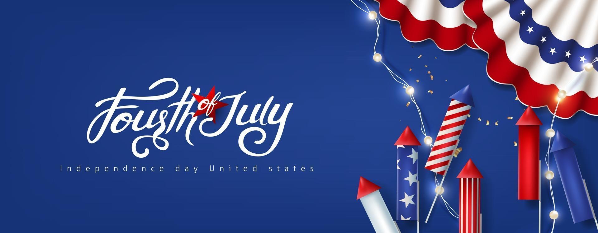 bandiera di celebrazione di festa dell'indipendenza usa con decorazione festiva americana. Modello di poster del 4 luglio. vettore