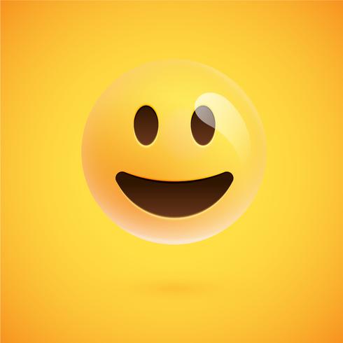 Emoticon giallo realistico davanti a uno sfondo giallo, illustrazione vettoriale