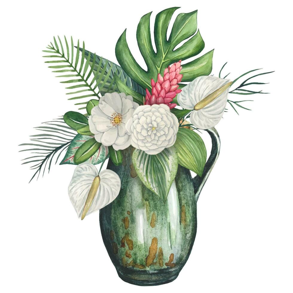 tropicale mazzo con verde tropicale le foglie e fiori nel un' vaso, acquerello vettore