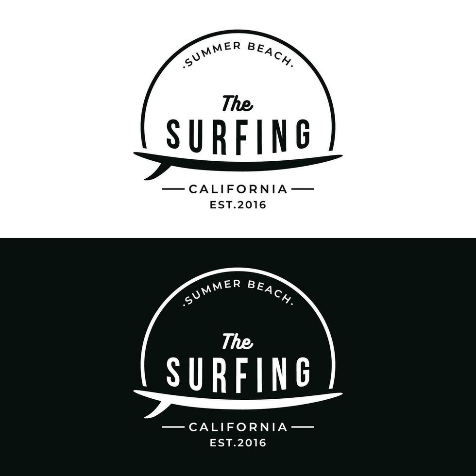 estate fare surf California logo modello retrò Vintage ▾ con tavola da surf e onde concetto.logo per etichetta, estate vacanza, attività commerciale, distintivo. vettore