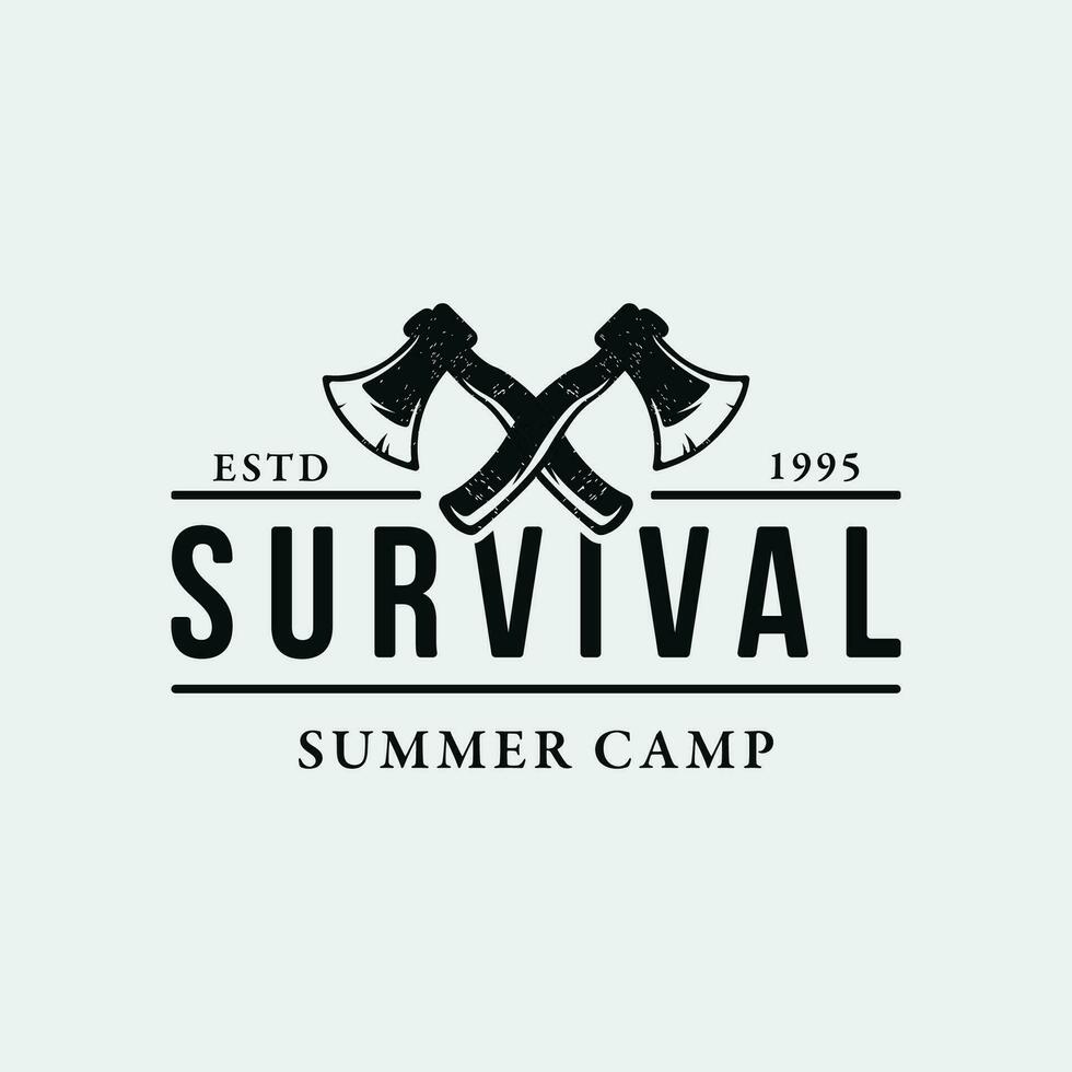 avventura sopravvivenza ascia logo design con Vintage ▾ fricchettone fuoco di bivacco per campeggio, avventura e etichette. vettore