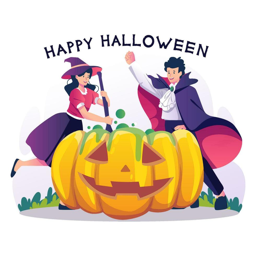 contento Halloween bambini con loro genitori e Halloween zucche illustrazione fascio imballare ottobre vettore eps