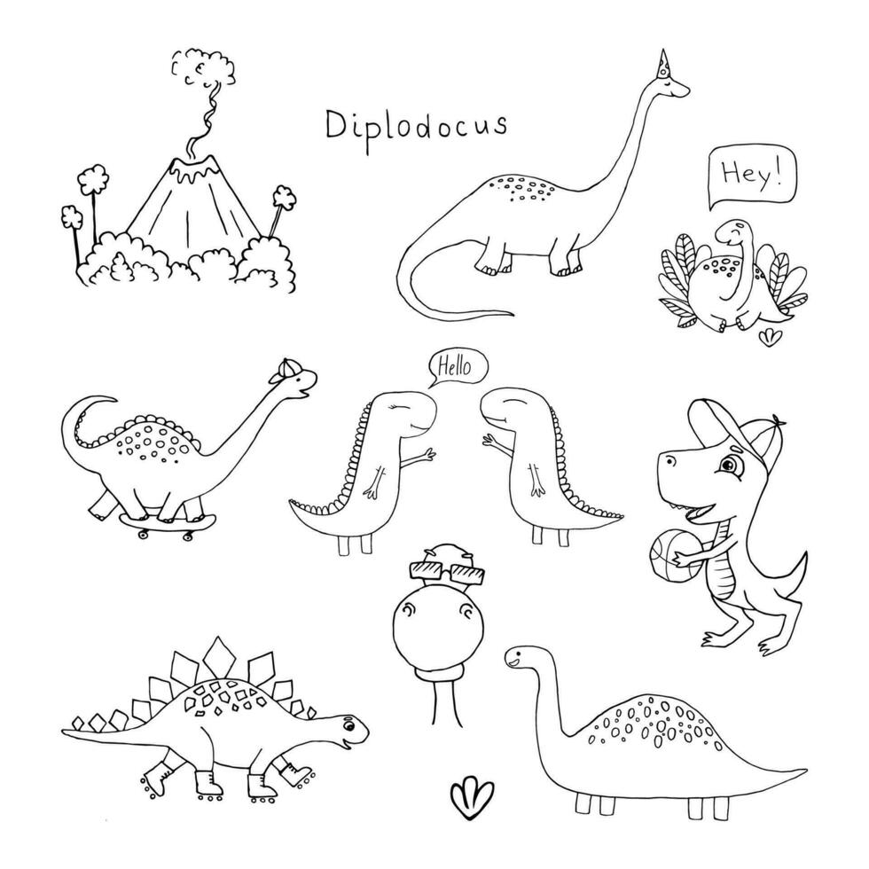 vettore Stampa con impostato dinosauro mano disegnato schema. dino e pattinare, rullo, pallacanestro, vulcano. divertimento sport illustrazioni per ragazzi e ragazze stampe su magliette, bambini e adulto design. colorazione libro