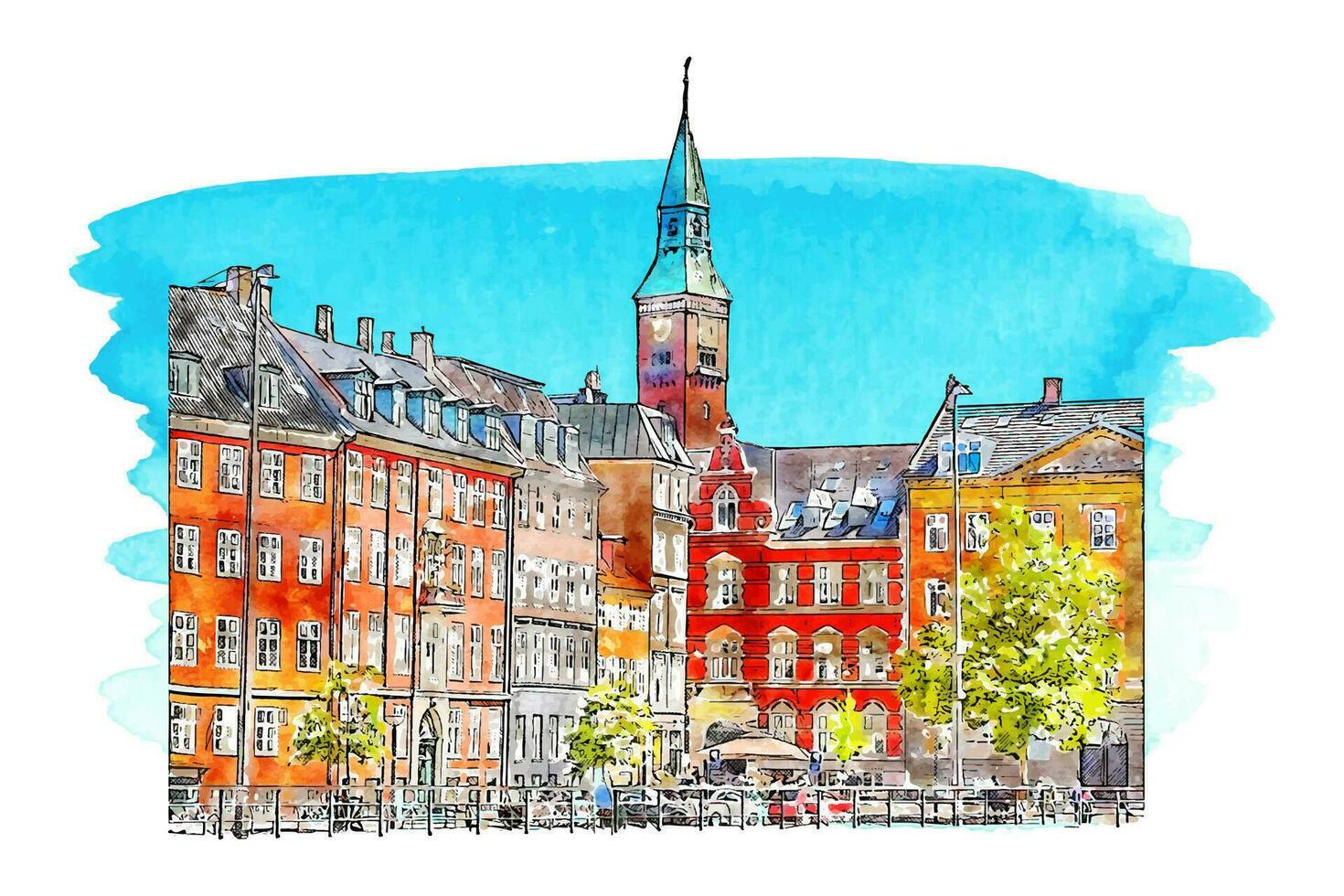 copenhagen Danimarca acquerello mano disegnato illustrazione isolato su bianca sfondo vettore