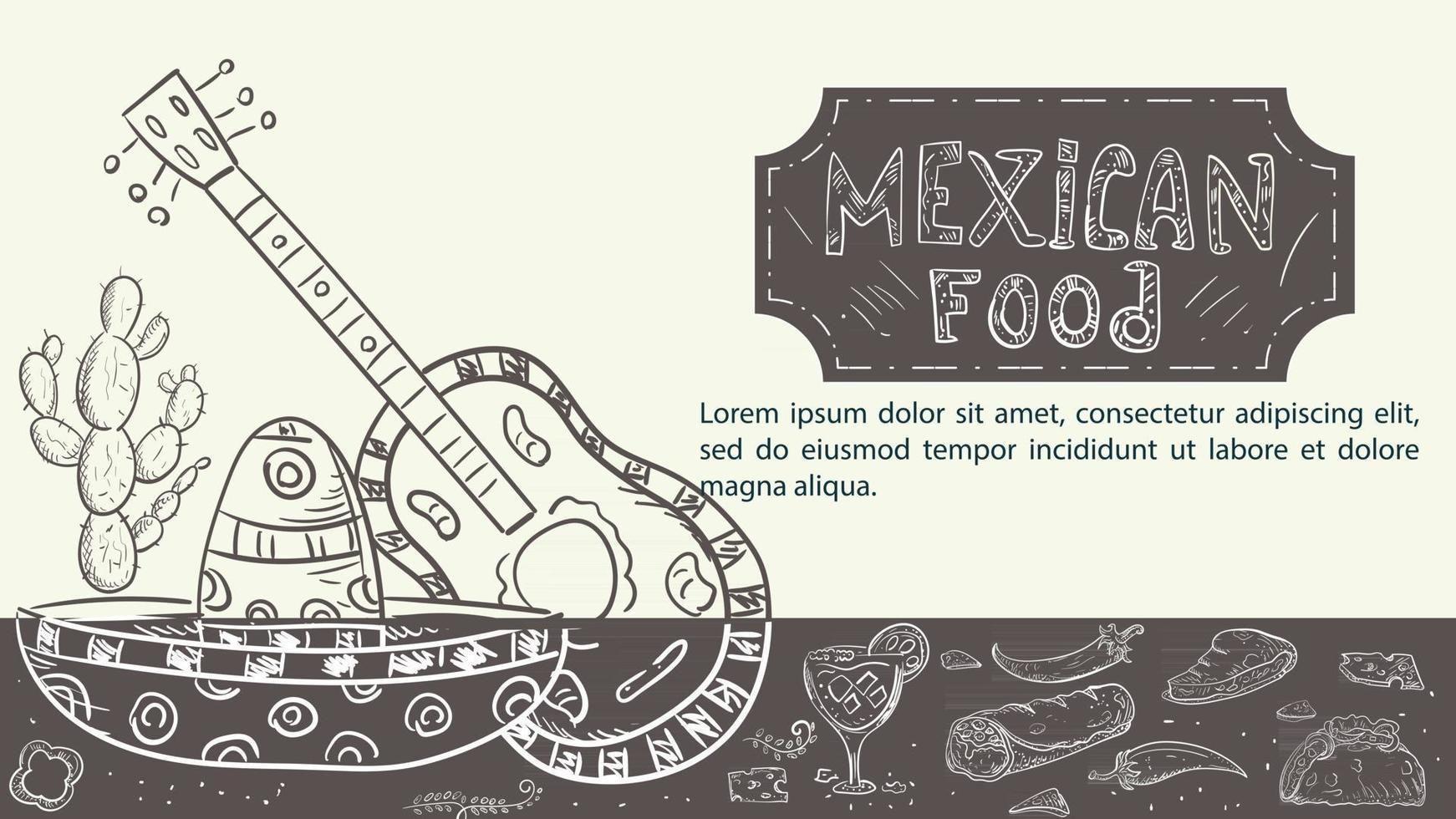 illustrazione schizzo disegnato a mano per un design sul tema del cibo messicano cappello sombrero chitarra taco drink e burrito peperoncino vettore