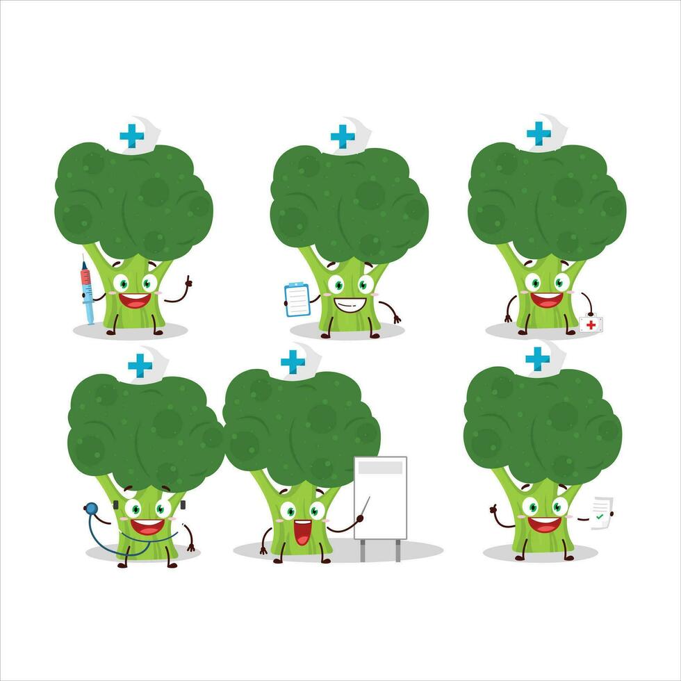 medico professione emoticon con brocoli cartone animato personaggio vettore