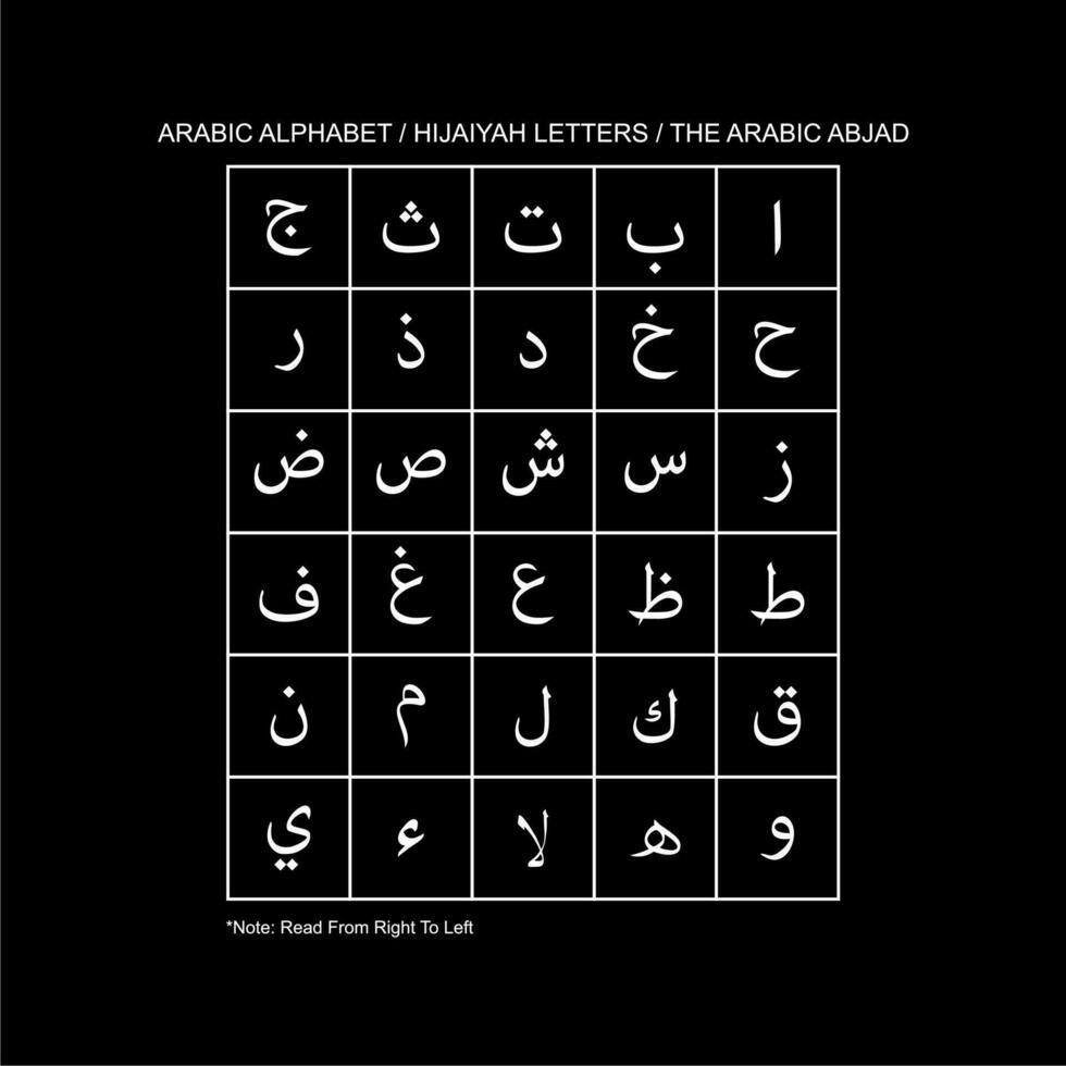 Arabo alfabeto o hijaiyah lettere o il Arabo abjad è il Arabo copione come esso è codificato per scrittura Arabo. esso è scritto a partire dal giusto per sinistra nel un' corsivo stile. vettore illustrazione