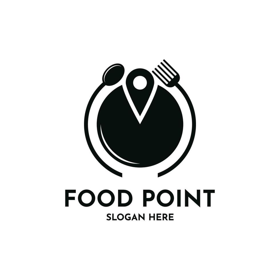 cibo punto logo design bianca cucchiaio, forchetta e piatto simbolo con cerchio forma vettore