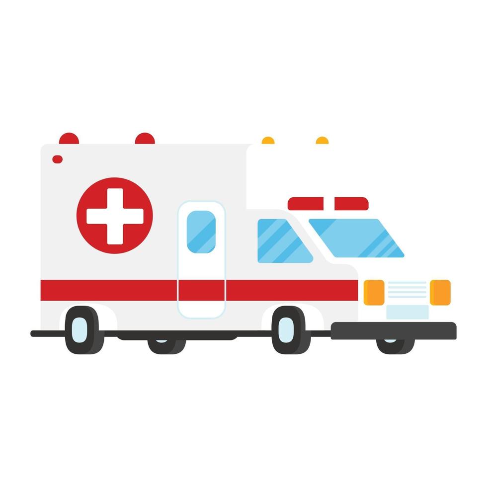 illustrazione di vettore di stile piano del servizio di trasporto di emergenza dell'automobile dell'ambulanza isolata su fondo bianco. veicolo bianco rosso dal centro di assistenza medica ospedaliera