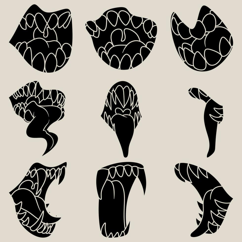 gratuito vettore collezione di silhouette illustrazioni di combattente mostro bocche con lungo lingue